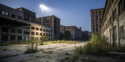 Obraz premium A lone spotlight illuminates an abandoned dilapidated cityscape, solitary light, crumbling buildings