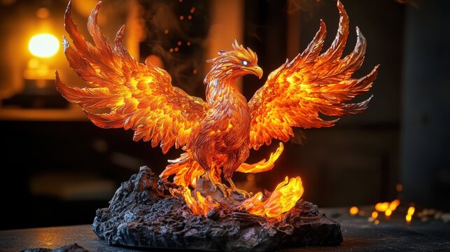 Fiery phoenix sculpture with glowing wings and embers in a dark setting