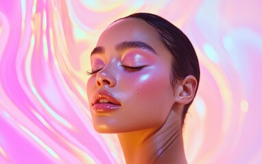 Fototapeta premium A dreamy beauty shot of a woman with luminous pink-toned makeup, glowing against a pastel-hued abstract swirl backdrop
