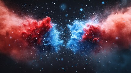 A powerful detonation of ruby red and sapphire blue dust captured in crystal-clear clarity