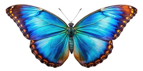 Fototapeta premium Isolated on white, a vibrant blue Morpho butterfly captivates with its stunning, iridescent wings.