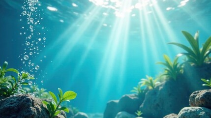 Serene Underwater Scene Sunbeams Illuminate Aquatic Plants and Rising Bubbles