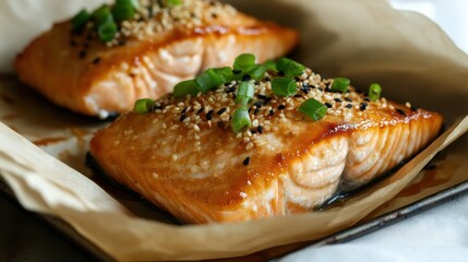 Delicious baked salmon with sesame and green onions garnish for a healthy meal inspiration