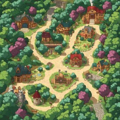 Fototapeta premium Enchanted Woodland Village: A charming hand-drawn illustration depicting a quaint village nestled amidst lush green forests, showcasing charming cottages, winding paths, and vibrant gardens.