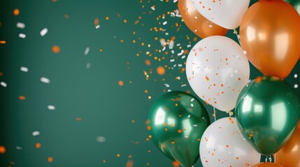 Festive celebration with colorful balloons and confetti on green background for party design