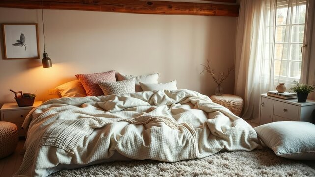 A cozy bedroom with soft blankets, fluffy pillows, warm lighting, and a plush rug, creating a relaxing and inviting atmosphere, inviting, atmosphere, relaxing
