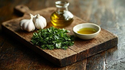 Cutting board with parsley garlic and olive oil styling