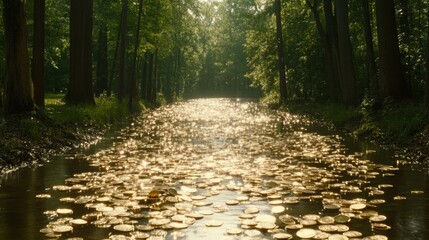 Obraz premium Golden Coins Float on Forest Stream Sunlight