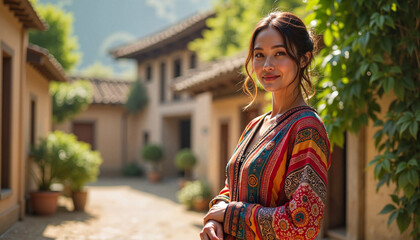 Fototapeta premium Joyful woman in traditional clothing standing outdoors, cultural heritage