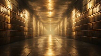 Futuristic gold storage facility featuring sleek metallic textures, illuminated accents, advanced design elements, innovative architecture
