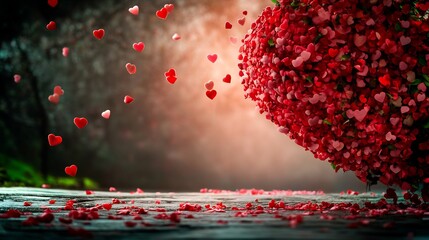 Romantic red hearts softly falling dreamy light creates enchanting ambiance. AI Generated