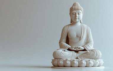 Fototapeta premium Serene white Buddha statue in lotus position against a light background.