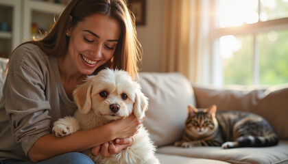 Woman smiling and holding a fluffy dog in cozy living room, pet love