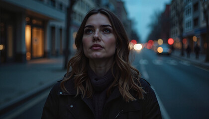 Woman contemplating in urban street at dusk, reflective solitude