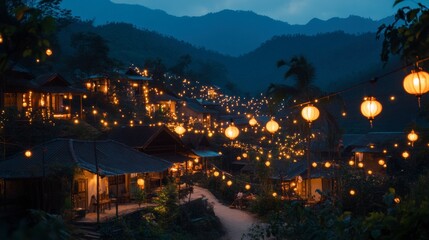 Fototapeta premium A tranquil village lit by strings of lights and lanterns in celebration of Ramadan