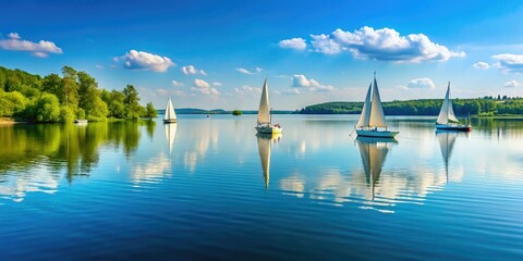 A calm lake on a summer day with sailboats gently bobbing in the water, nature, sailboats, serene