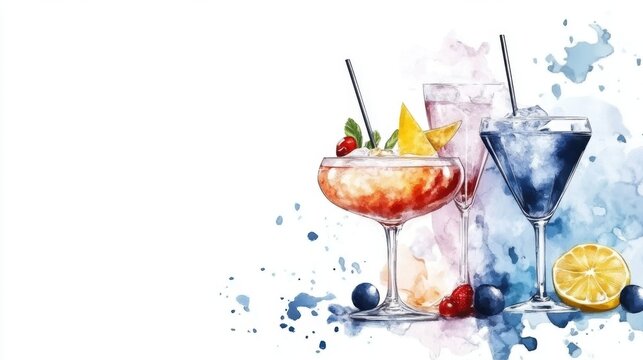 World Bartender Day Elegant watercolor cocktail arrangement with fruit garnishes
