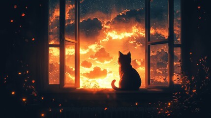 A cat silhouette gazes at a vibrant sunset from a window.  