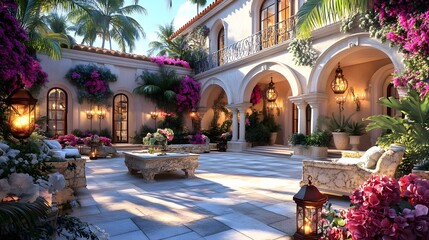 Fototapeta premium luxurious mediterranean courtyard at sunset - luxury lifestyle