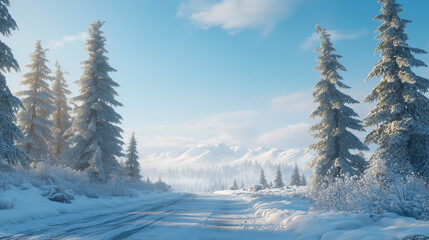 Snowy Winter Road in a Mountain Landscape
