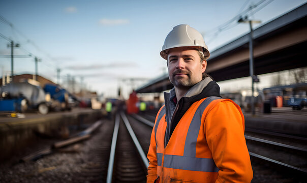 Civil engineer standing in front of a railway line under construction.