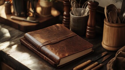Premium Kitchen Accessories Vintage leather-bound journal on rustic table.