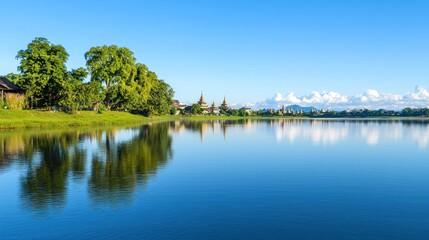 Obraz premium Calm lake reflecting blue sky and lush trees