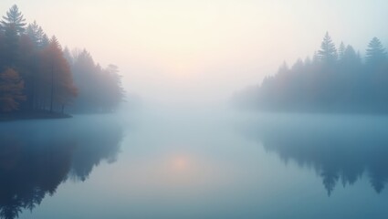Fototapeta premium Misty morning by a lake with a mirror-like surface