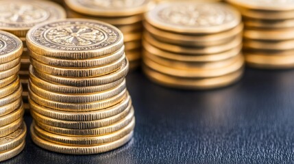 Golden Coins Stacked High, Wealth and Prosperity Concept
