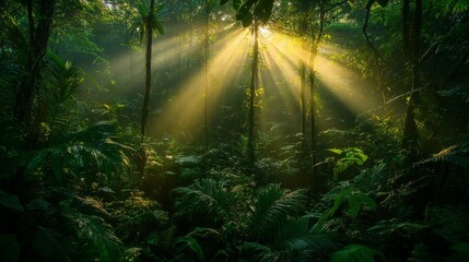 Naklejka premium Sunlight streams through a lush rainforest canopy illuminating the vibrant green foliage with an ethereal glow