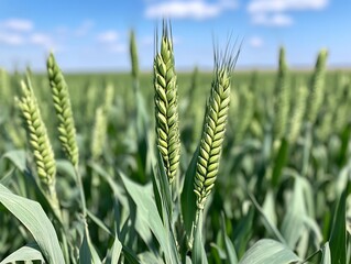Vibrant green wheat stalks stand tall under bright sunlight in a lush field. AI Generated