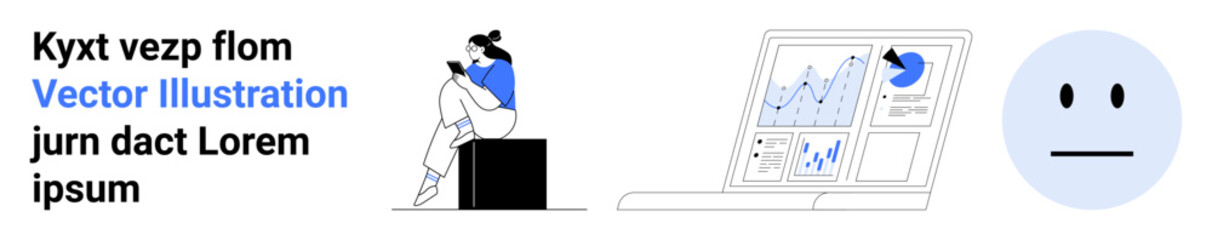 Businesswoman sits reviewing data on a laptop displaying an analytics dashboard while a neutral face emotion observes. Ideal for data analysis, tech trends, business insights, online learning, remote