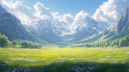 Open valley surrounded by mountains, central clearing for copy