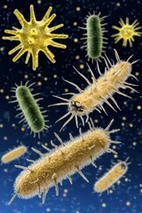 Naklejka premium Illustrated Microbial Life in Vibrant Colors Against Dark Background