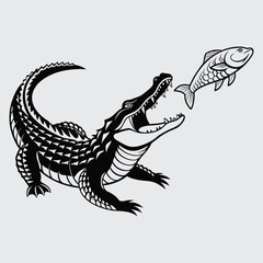 crocodile hanging fish image silhouette vector art and illustration