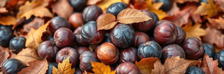 Obraz premium A pile of dried plums with a leaf on top surrounded by autumn leaves, nature, food, fall foliage