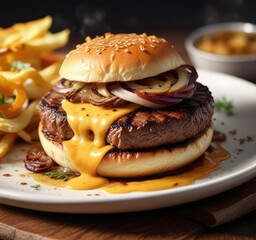 A perfectly grilled beef patty on a plate topped with melted cheese and caramelized onions , lunch, beef, grilled patty