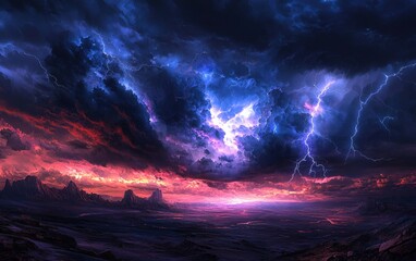 Fototapeta premium A dramatic thunderstorm with bright lightning bolts illuminating dark storm clouds over an open landscape