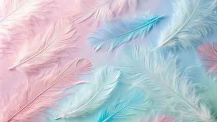 Obraz premium A pastel coloured feather pattern overlaid on a gradient background with shades of pale pink and baby blue, cloud like formations, whimsical, pastel colours, feather patterns, gentle hues