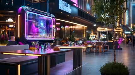 futuristic city cafe night scene - cyberpunk