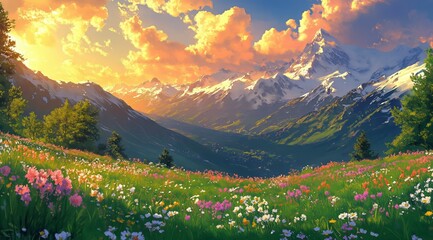 Obraz premium Majestic mountain landscape with vibrant flowers and sunset glow in a serene valley