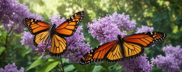 A monarch butterfly sipping nectar from a fragrant lilac flower in a lush garden, insect behavior, floral arrangement
