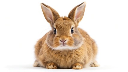 Obraz premium Panoramic view of an adorable brown bunny, fluffy white belly, a cute Easter pet rabbit.
