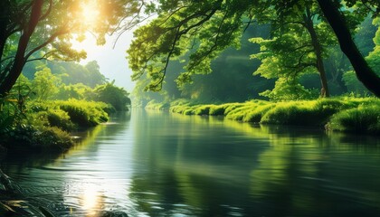 Obraz premium the serene water surface of the river, stretching between the green rows of shady trees of the forest thicket, towards the sparkling rays of the sun, the serene natural expanse of nature
