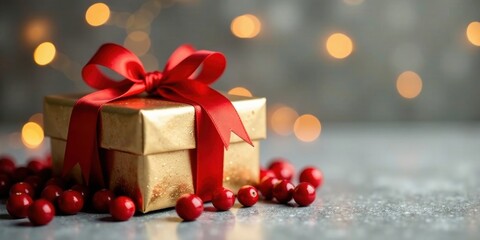A gold gift box with a red ribbon and scattered cranberries, illuminated by warm lights