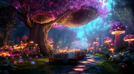 Obraz premium enchanting glowing mushroom forest dinner - fantasy/mythical worlds