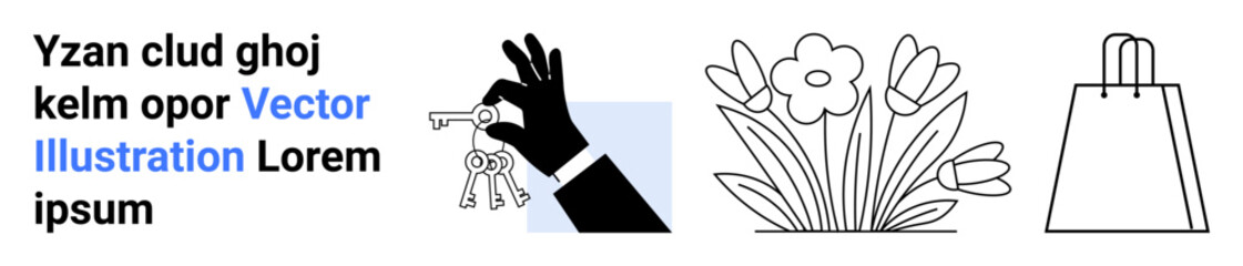 Hand holding keys, blooming flowers, and a shopping bag. Ideal for home security, springtime, shopping, lifestyle, floral themes branding and marketing. Landing page