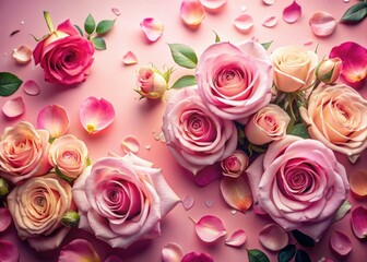 Pink backdrop showcasing double-exposed rose petals; ample space for text.  Floral photography, top view.