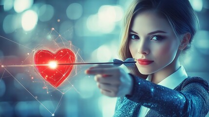 A sleek businesswoman dressed as Cupid aiming a futuristic arrow at a red heart