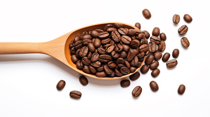 Fototapeta premium Fresh roasted coffee beans in wooden spoon with scattered beans on white background professional food and product photography with natural lighting